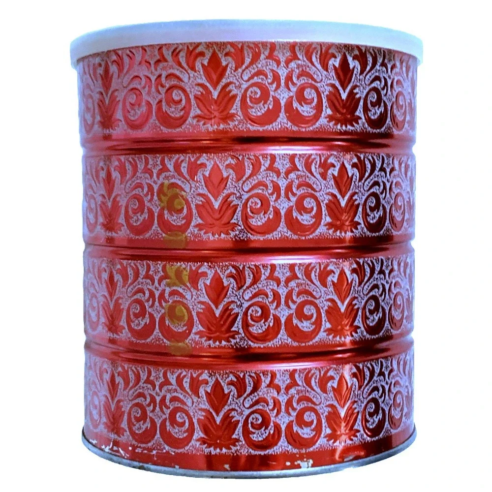 Vtg Folgers 1960s-70s Scandinavian Design Metal Coffee Can Rare Handle Lid 7.75